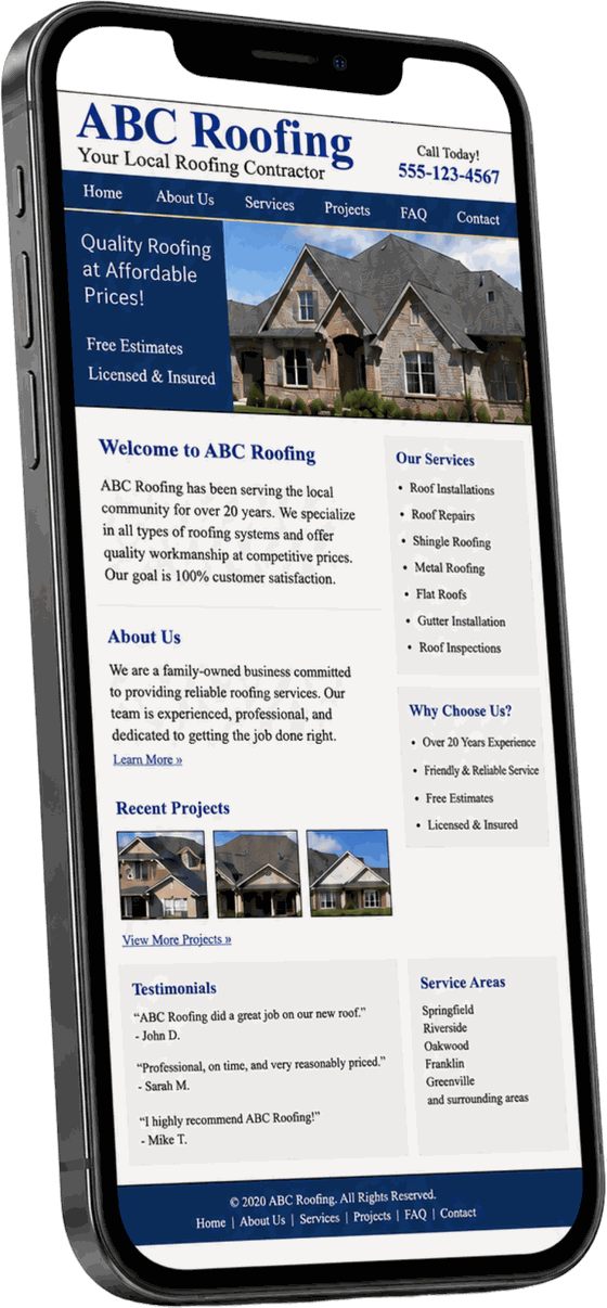 Outdated, cluttered contractor website shown on a phone